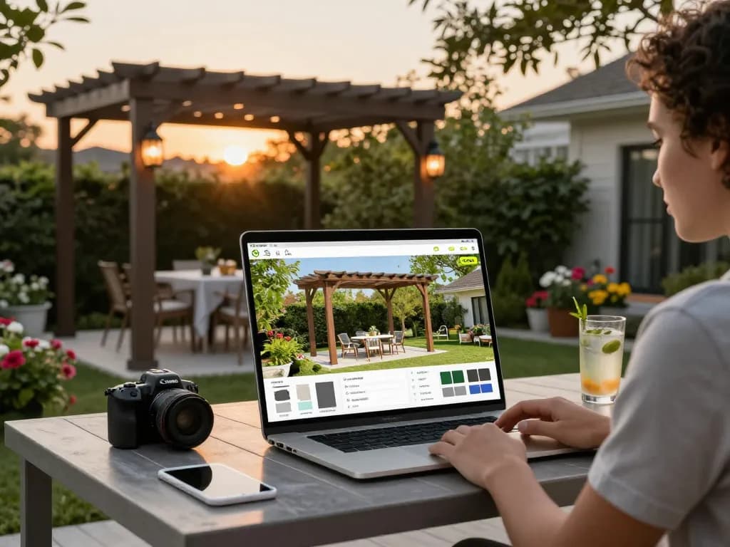 Engaging scene of a user interacting with a 3D pergola configurator in a serene backyard setting.