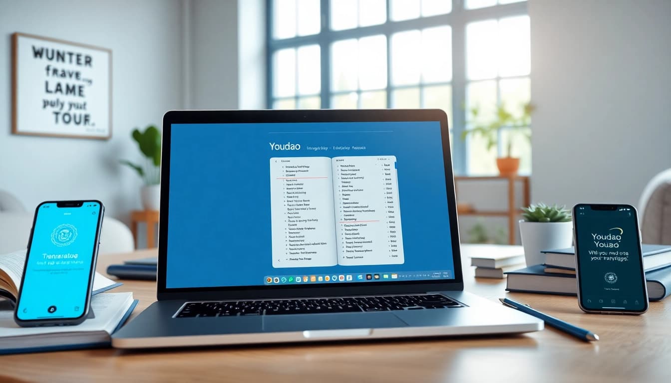 Youdao interface on a modern laptop in a bright digital workspace showcasing advanced translation capabilities.