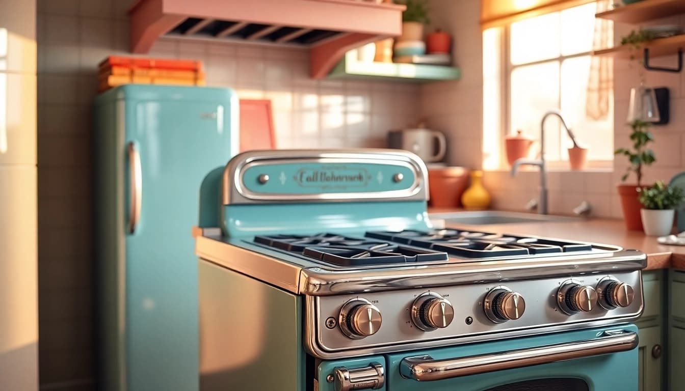 Showcase an elegant retro oven with a shiny chrome finish and colorful vintage appliances in a cozy kitchen.