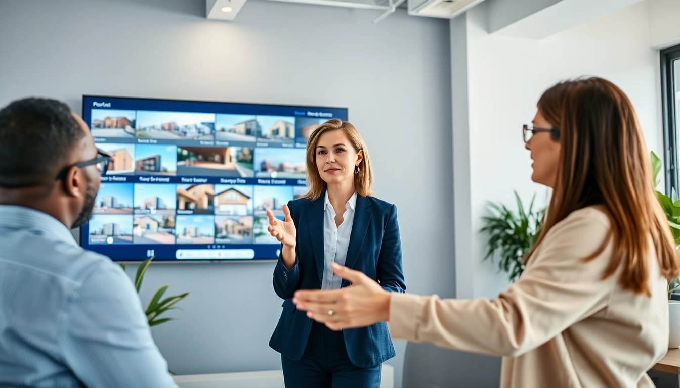 Real Estate agent engaging with clients in a modern office setting with property listings.