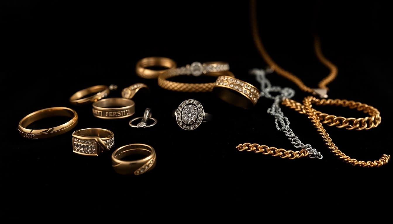 Showcase men’s jewelry collection on a dark backdrop, highlighting unique textures and designs.
