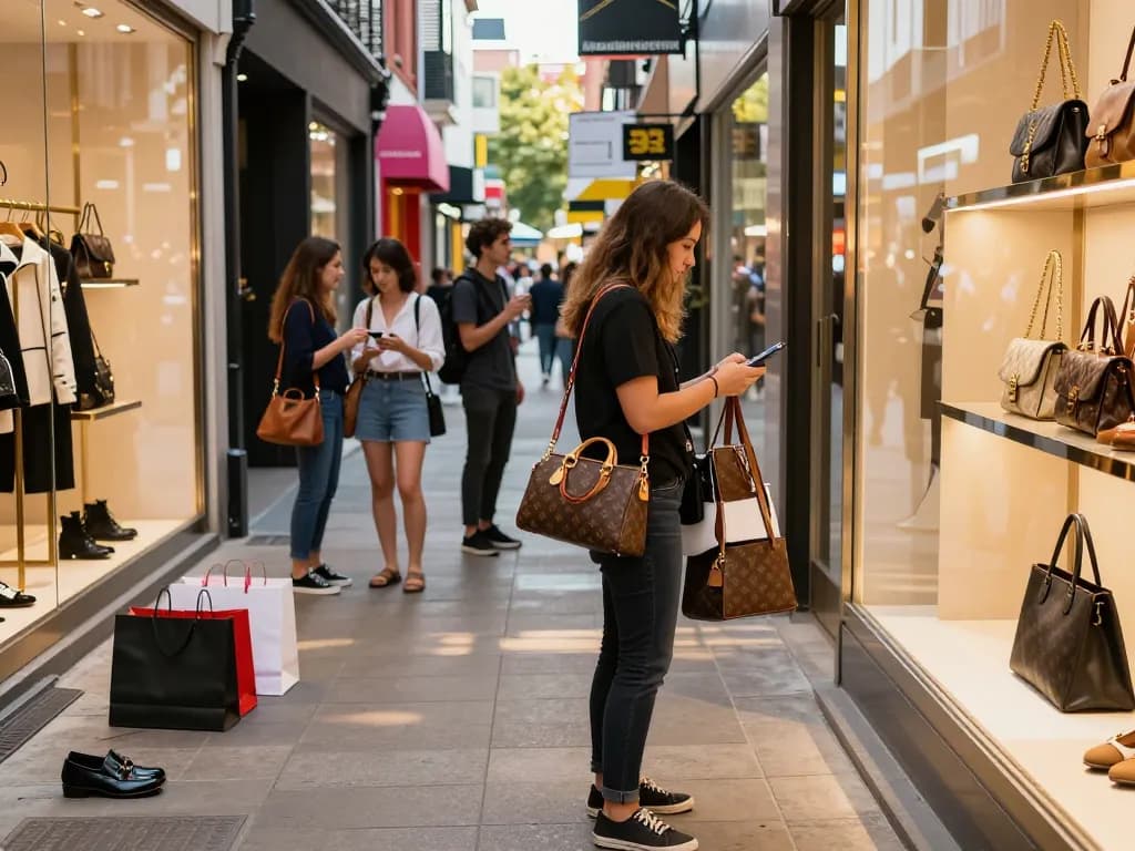 Fashion-conscious shopper exploring high-quality 레플리카 items in vibrant shopping district, surrounded by luxury displays.