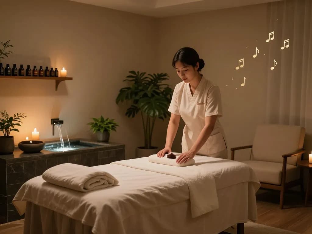 부드러운 리넨과 향긋한 요소가 있는 논현동마사지 치료를 위한 차분한 마사지 치료실 설정.