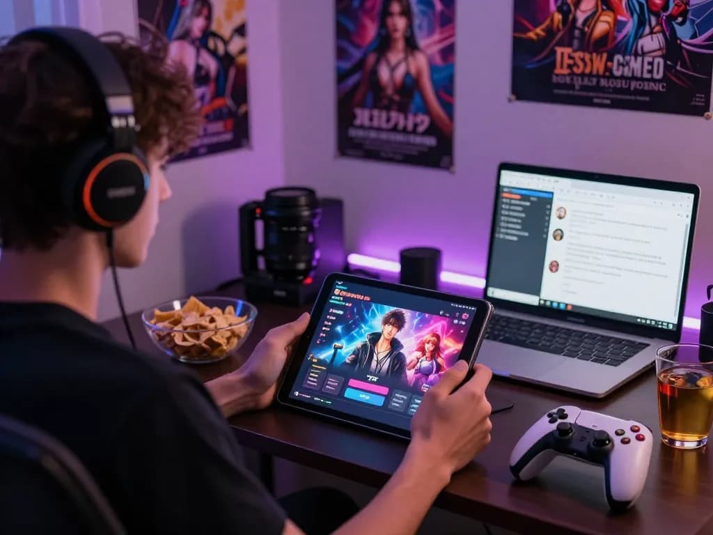 Player engaging with degrees of lewdity on a tablet in a cozy gaming room with vibrant characters and accessories.