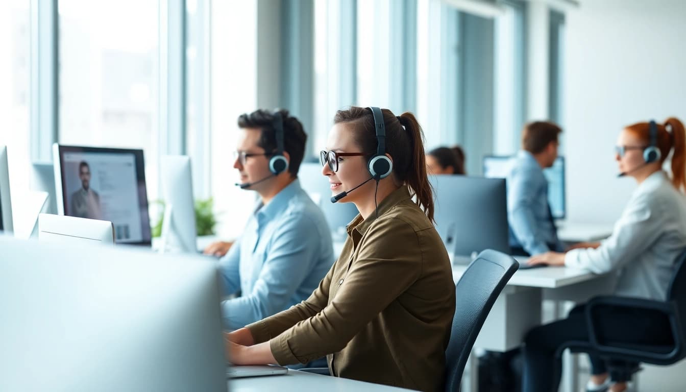 Engaged team providing business it support in a modern office setting, highlighting collaboration.