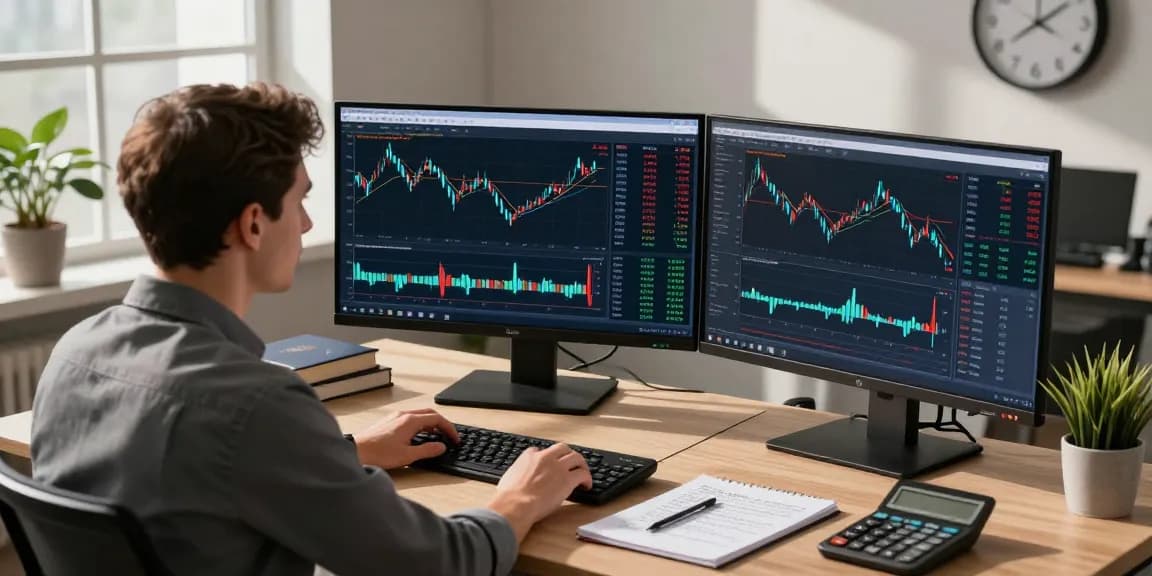 Engaged trader using MetaTrader 5 in a professional office showcasing market analysis tools.