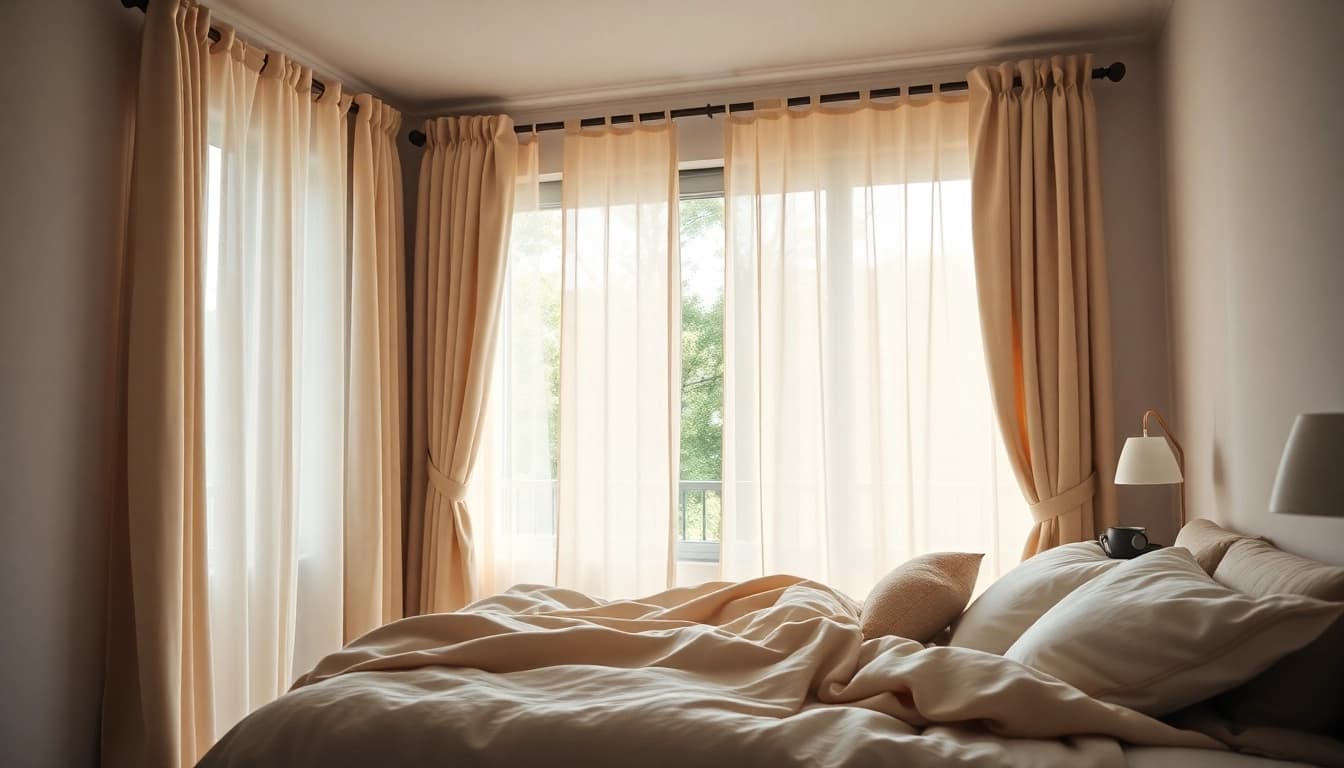 Verduisterende gordijnen in een gezellige slaapkamer creëren een rustige sfeer en blokkeren het zonlicht.