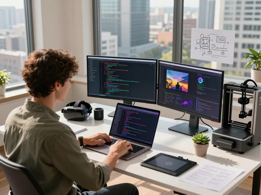 AI developer generating image to prompt from code in a modern workspace filled with technology.