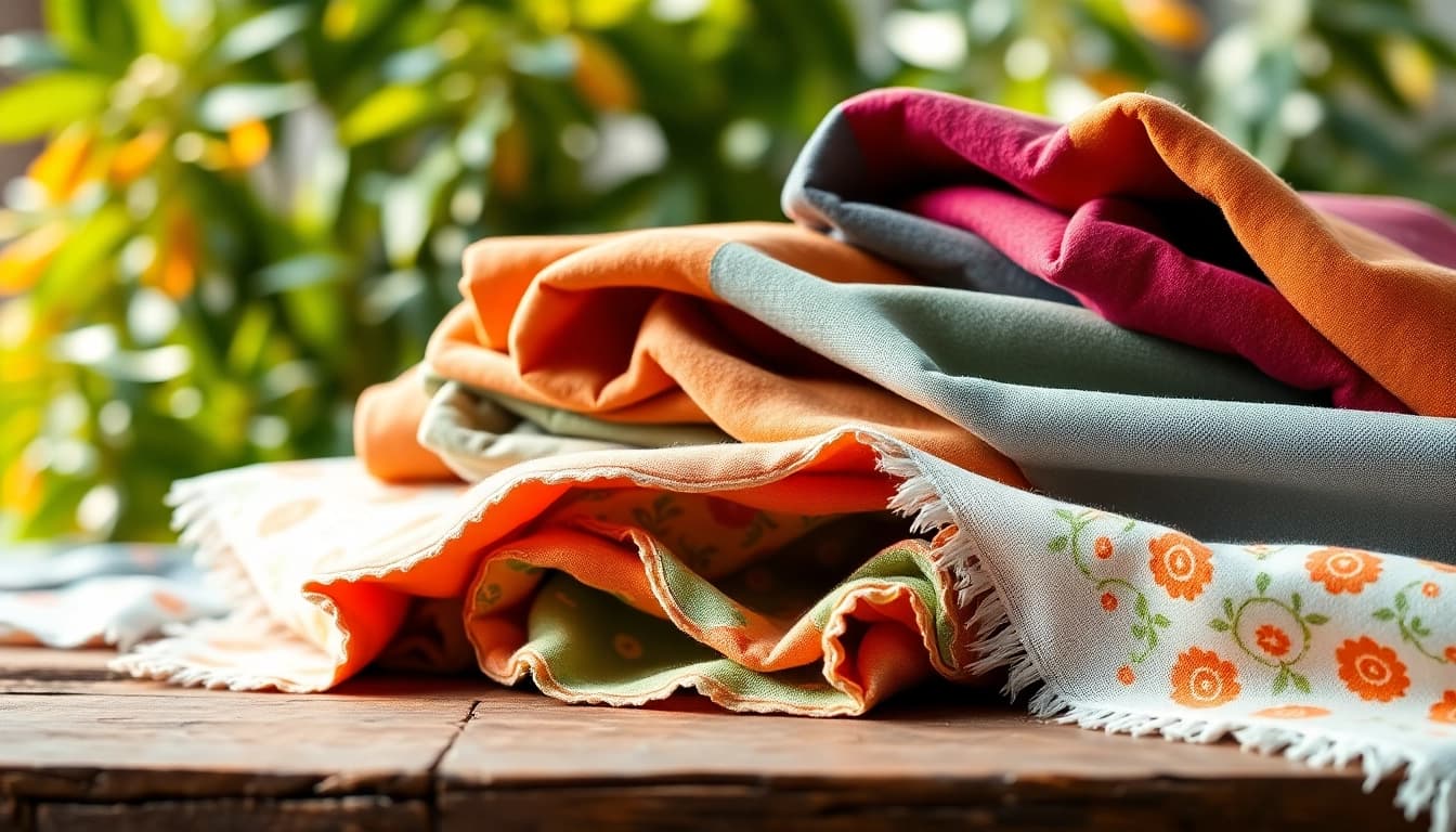 Katoen stoffen assortiment met kleurrijke patronen en zachte texturen op een rustieke tafel.