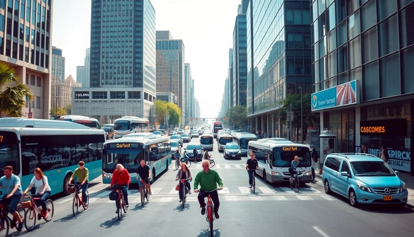 Transportation scene depicting various vehicles in a bustling city environment with pedestrians.