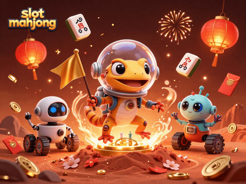 Slot Mahjong menghadirkan suasana menarik dengan karakter alien dan elemen merayakan keberuntungan.