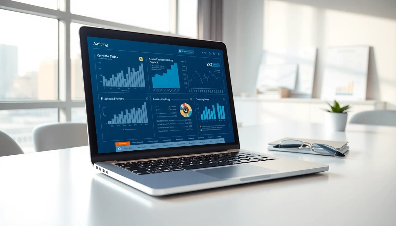 Utilize AI for competitor analysis in a high-tech workspace featuring data visualizations and algorithms.