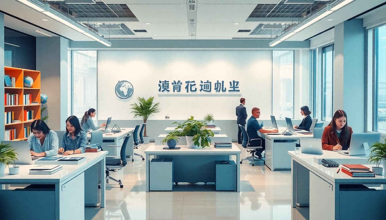 Bureau moderne d'agence de traduction présentant des professionnels au travail, mettant en valeur les services d'agence de traduction.