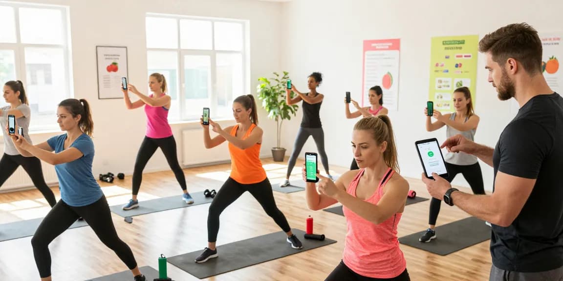 Participants using the best calorie tracker apps in a lively fitness workshop, showcasing diverse activities and technology.
