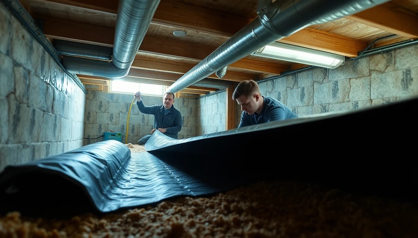 Vapor Barrier Installation process being executed by a technician in a residential crawl space.