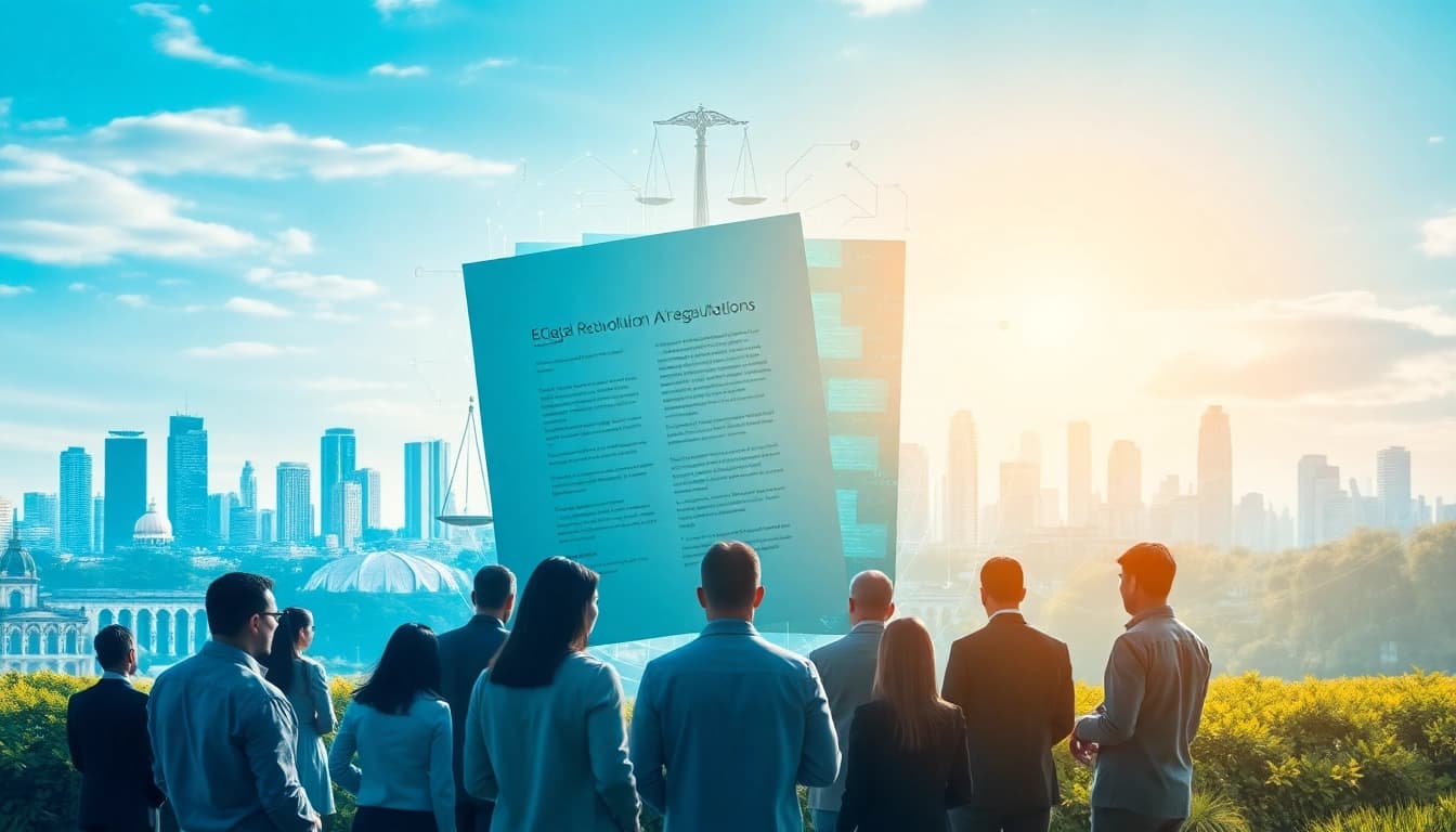 Analiza regulacji AI w kontekście technologii z grupą profesjonalistów w tle.