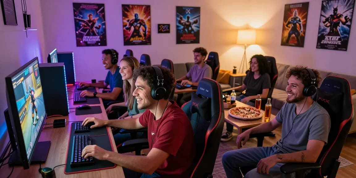 Group of friends enjoying xxx games in a vibrant gaming room atmosphere.