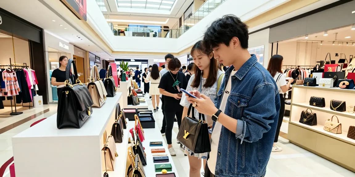 Engaging shopping experience at a 레플리카 쇼핑몰 with trendy displays and stylish consumers.