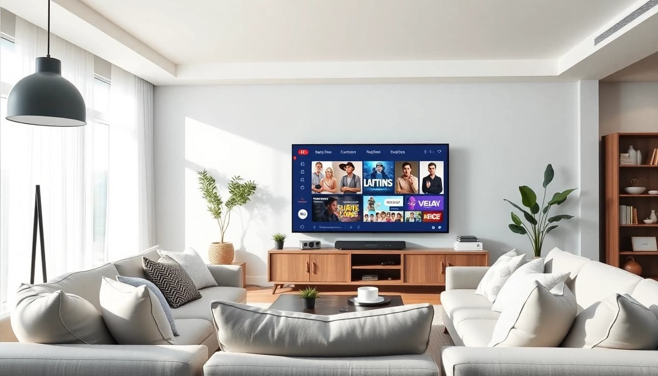 Showcasing an advanced living room setup for Suisse IPTV streaming with a large smart TV.