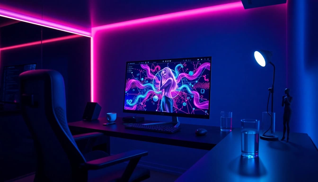 Engaging NSFW AI workspace featuring a high-tech setup with vibrant digital artwork.