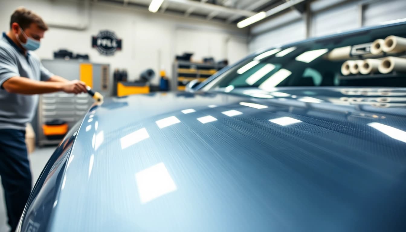 Apply PPF Chattanooga expertly on a car, showcasing a technician at work in a modern workshop.