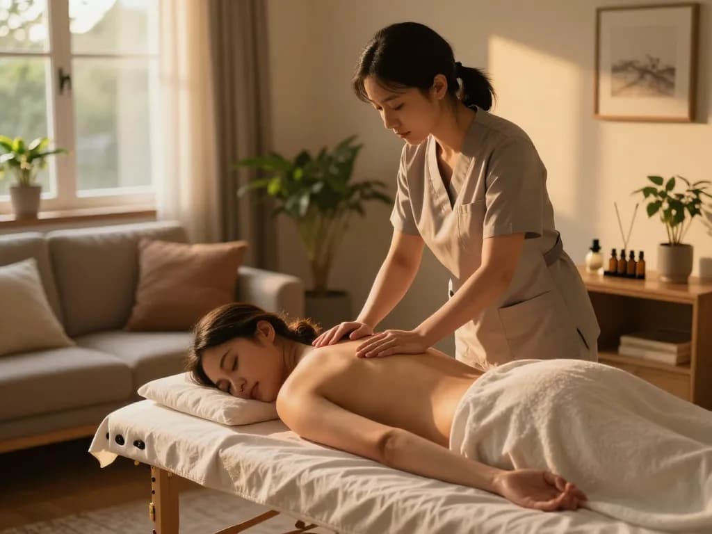 편안함과 웰빙을 강조하는 아늑한 집 환경에서 전문 치료사가 출장마사지를 제공하는 장면