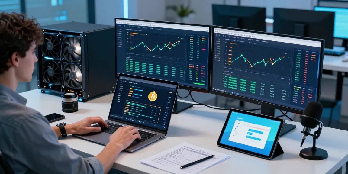 Trusted cloud mining company workspace with advanced mining stats on multiple screens, showcasing cryptocurrency innovations.