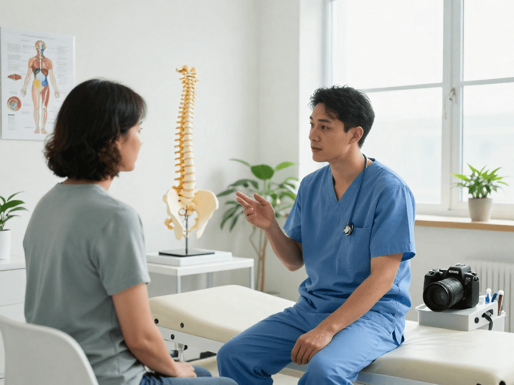 Discussing Bel fıtığı ameliyatı options in a modern medical clinic.