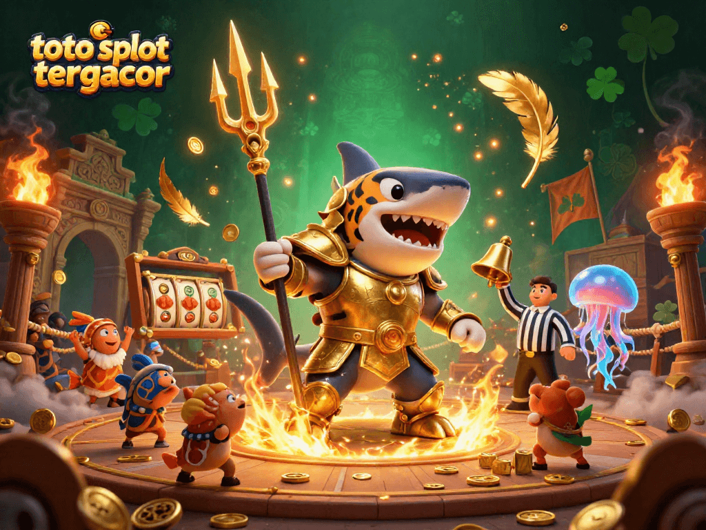 Spin jackpots at toto slot tergacor with a fierce shark in gladiator armor amidst fiery casino excitement.