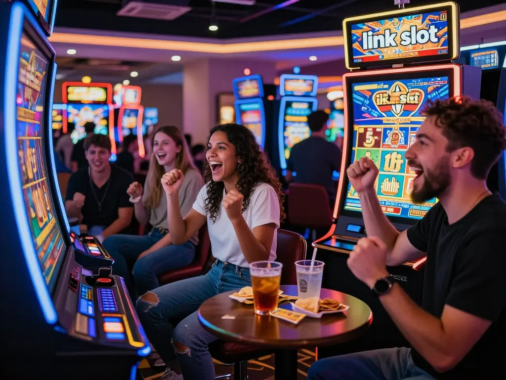 Kelompok yang bersemangat merayakan kemenangan jackpot pada link slot di suasana kasino yang penuh warna.