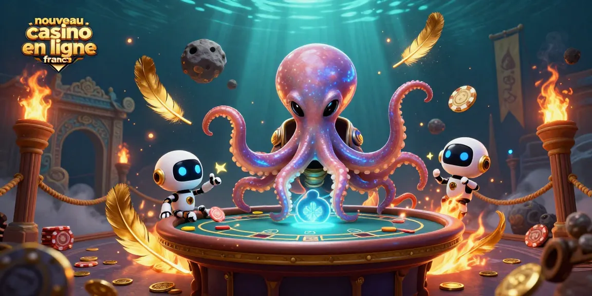Plongez dans le monde du nouveau casino en ligne france avec cette illustration captivante d'un poulpe alien jouant au poker.