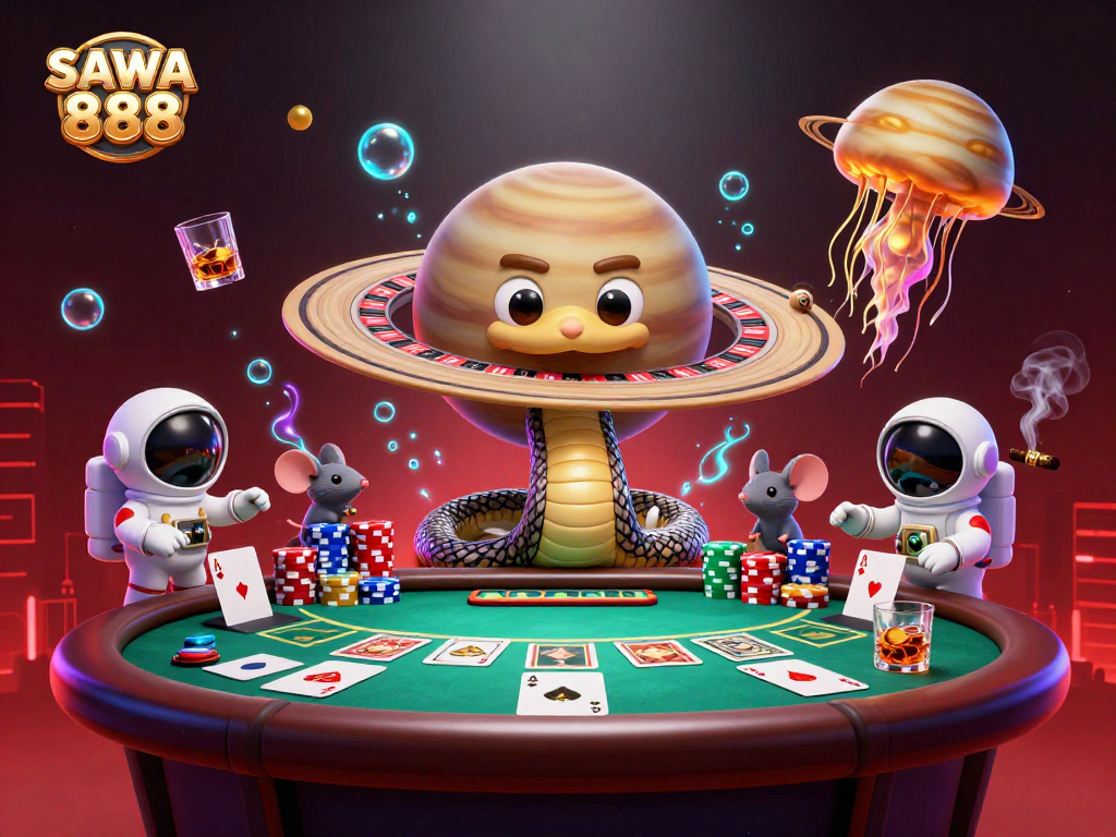 Engage with thrilling gameplay at SAWA 888 featuring a cosmic casino scene with unique characters.