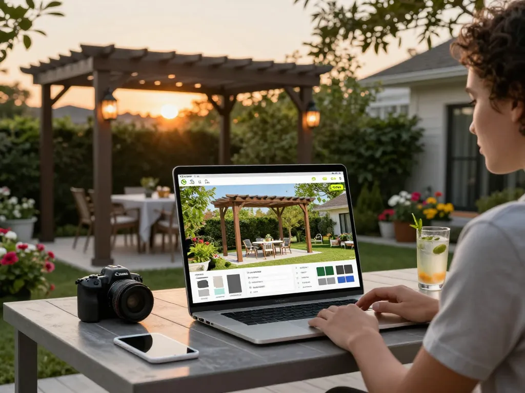 Engaging scene of a user interacting with a 3D pergola configurator in a serene backyard setting.