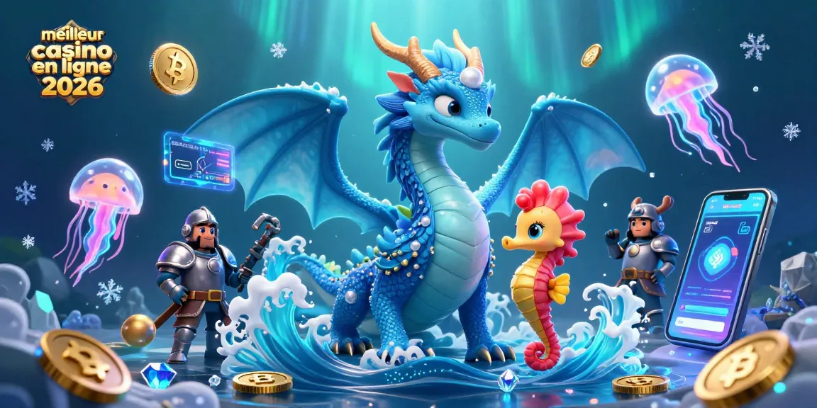 Plongez dans l'univers du meilleur casino en ligne 2026 avec une scène captivante de dragon aquatique et créatures sous-marines.