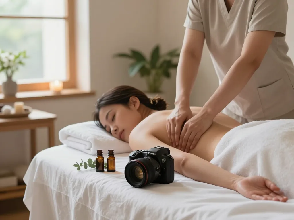 Relaxing scene of a Swedish massage therapy room with soft lighting and essential oils, showcasing 천안스웨디시 therapy.