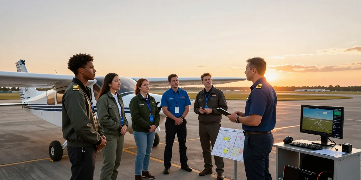 Kansas City flight school training scene with students and instructor around a Cirrus aircraft at sunset.