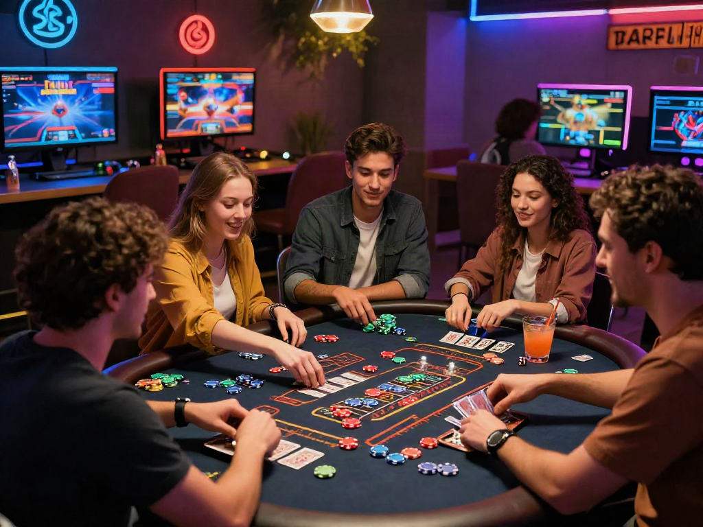 Situs casino celebration with friends enjoying online gaming in a vibrant atmosphere.