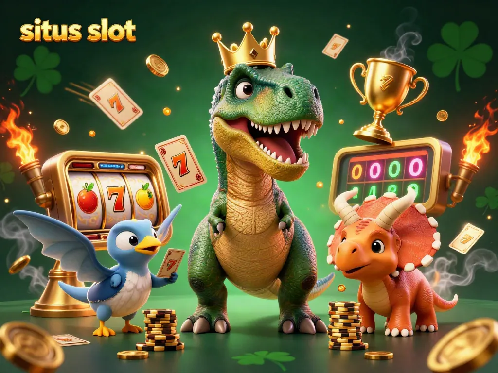 Engage with situs slot action through vibrant T-Rex, stacking chips, and dynamic casino elements.