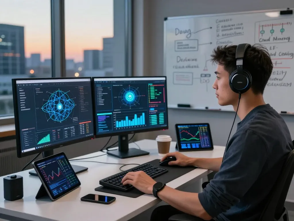 Developer at high-tech workspace optimizing iodefi cloud computing setup with blockchain analytics.
