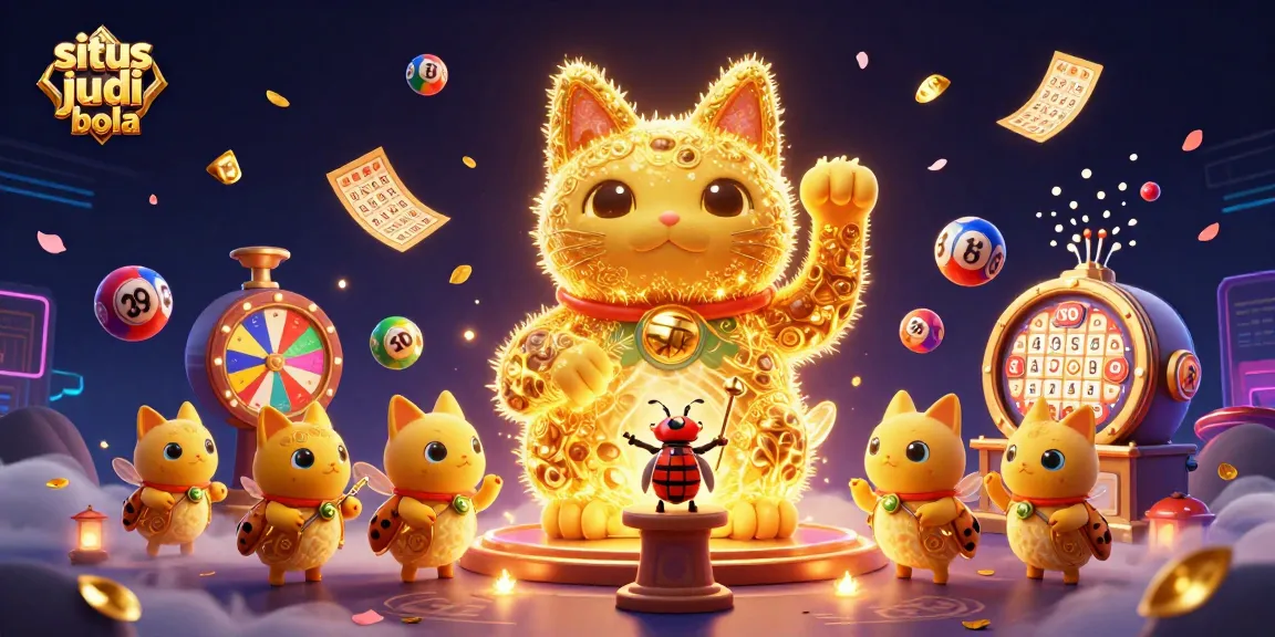 Engage with situs judi bola through a vibrant illustration of a lucky cat and lottery elements.