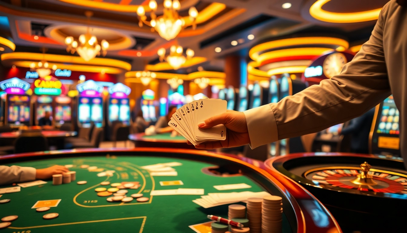 Découvrez l'excitation d'un casino en ligne fiable avec des joueurs engagés autour d'une table animée remplie de cartes et de jetons.