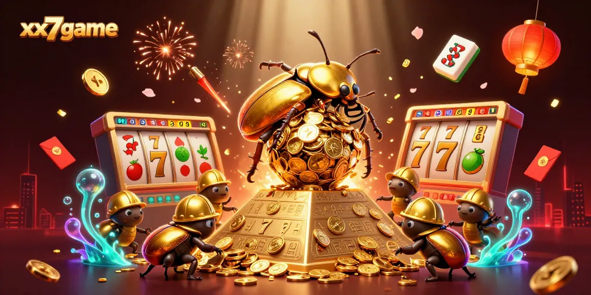 Experience the thrill of xx7game with immersive slots and golden jackpots in this vibrant 3D illustration.