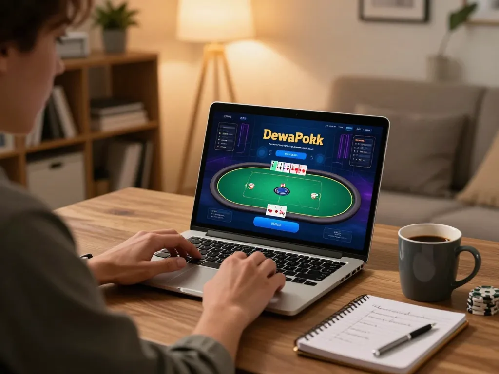 DewaPoker user enjoying an engaging poker game on a laptop, showcasing a responsible gaming environment.