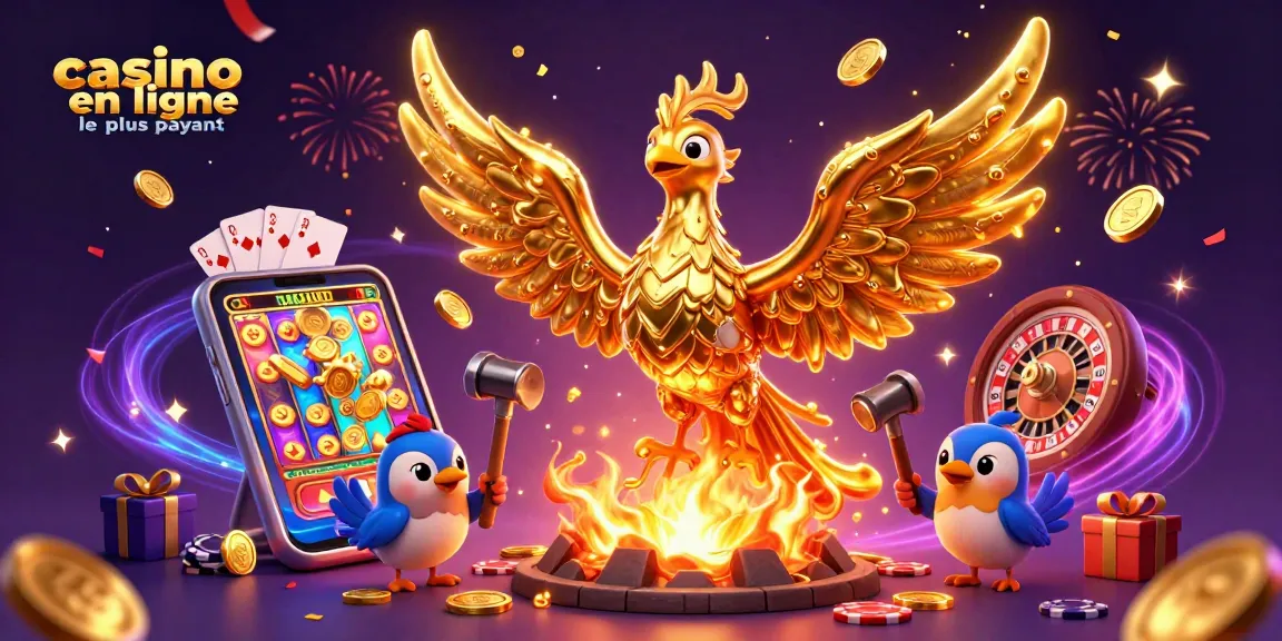 Un phoenix doré émergeant d'une forge évoque le casino en ligne le plus payant avec des pièces d'or et des jetons.
