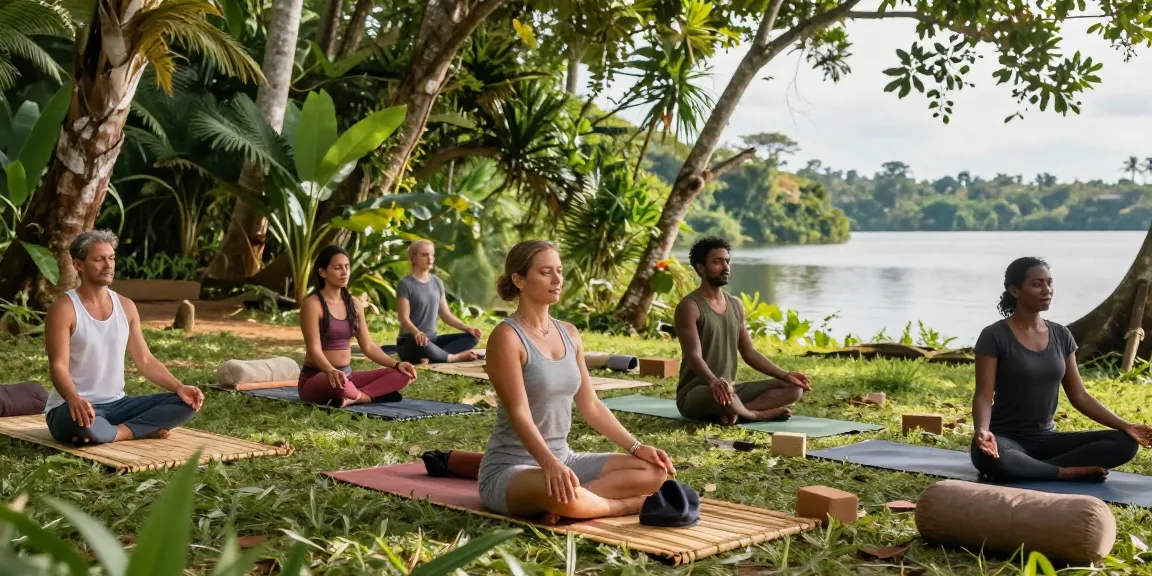 A group practicing yin yoga teacher training in Sri Lanka, surrounded by lush greenery and Koggala Lake, showcasing an immersive learning atmosphere.