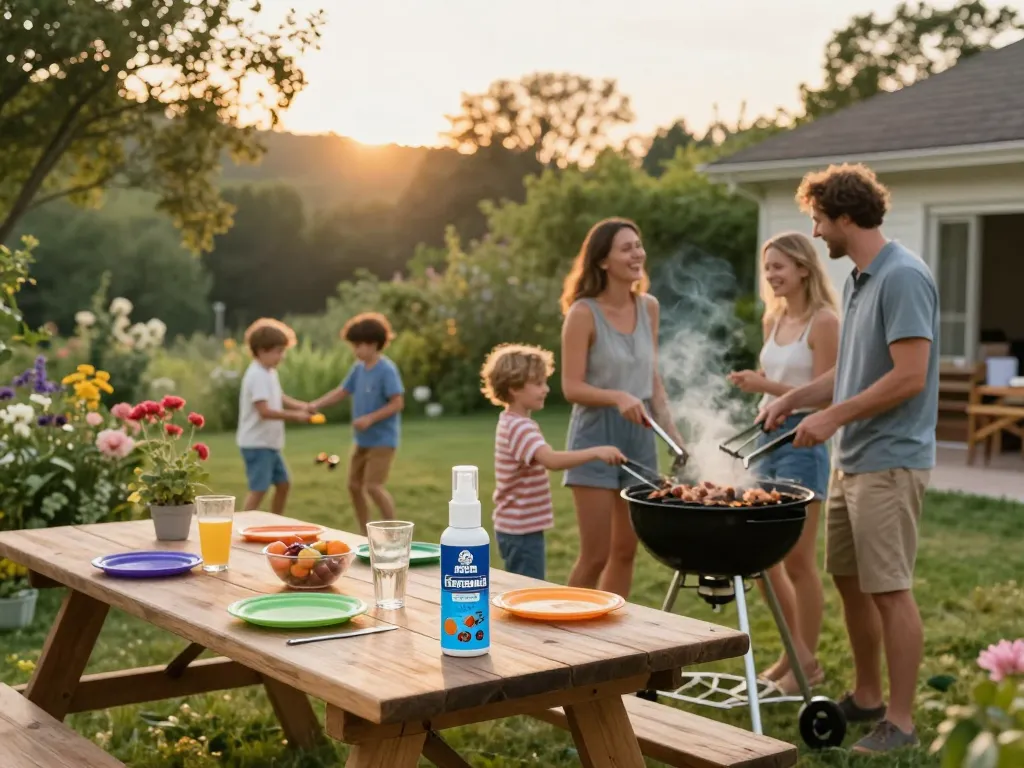 Family enjoying summer barbecue with mosquito repellent spray on table, ensuring a pest-free outdoor experience.