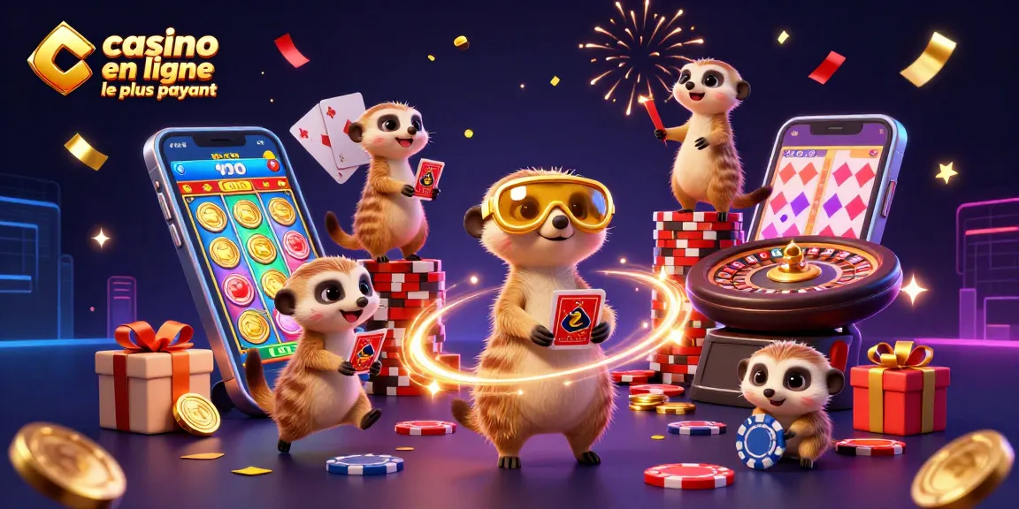Les suricates dirigent un casino en ligne le plus payant, entourés de jeux et de billets colorés.
