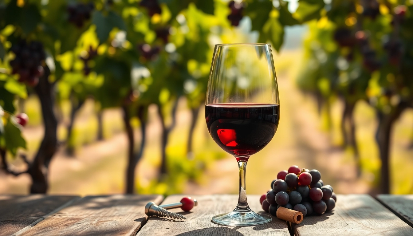 Pouring Tempranillo wine into glass with grapevines in the background.