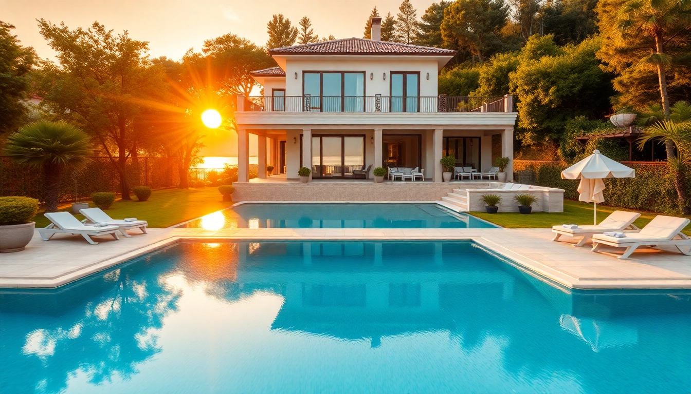 Stunning view of alanya turkey homes for sale featuring a luxury villa and swimming pool.