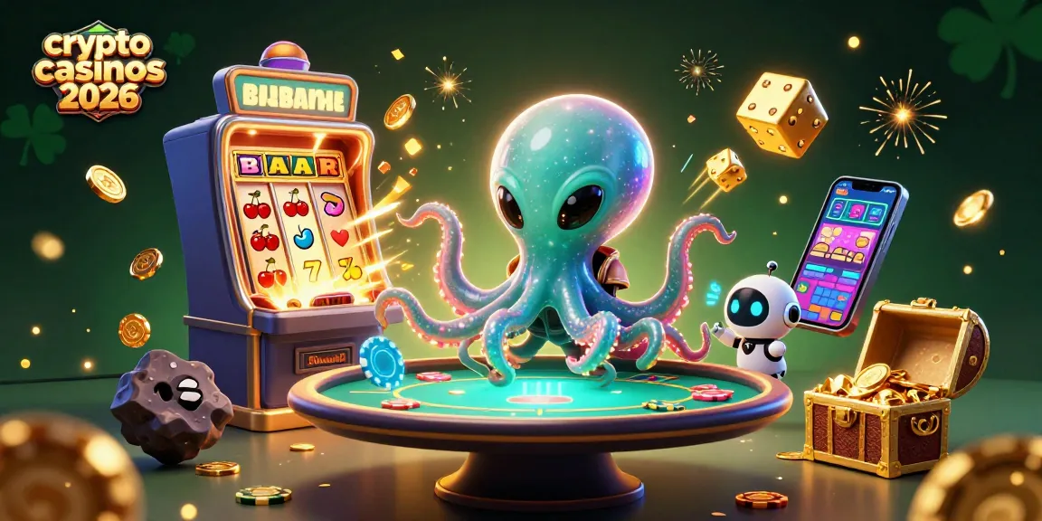 Illustration dynamique de crypto casinos 2026 avec un poulpe extraterrestre jouant au poker.